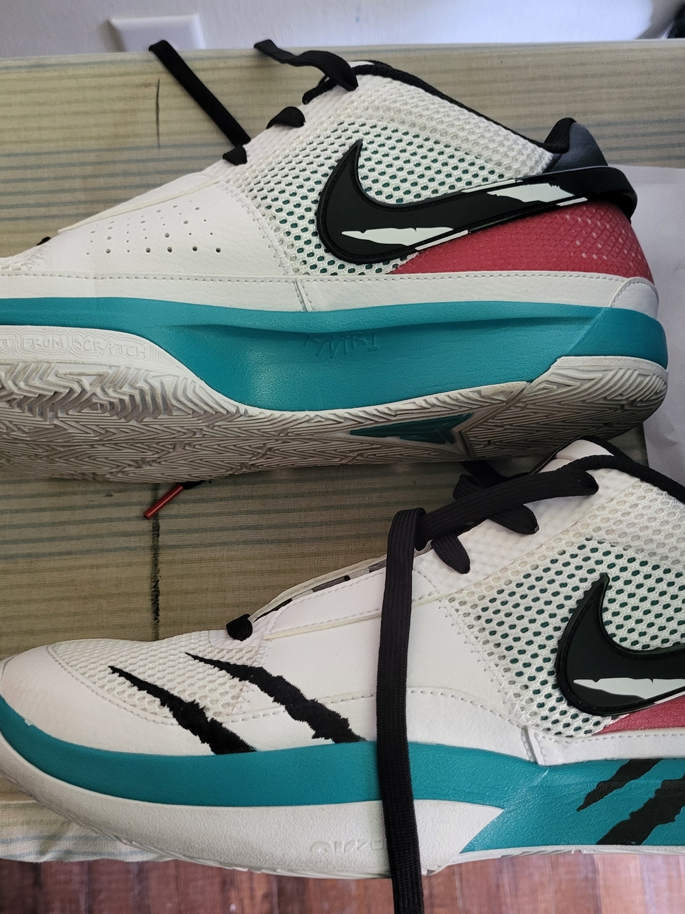 Nike JA 1 Reverse Scratch White Teal Accent Athletic Sneakers - Picture 2 of 8